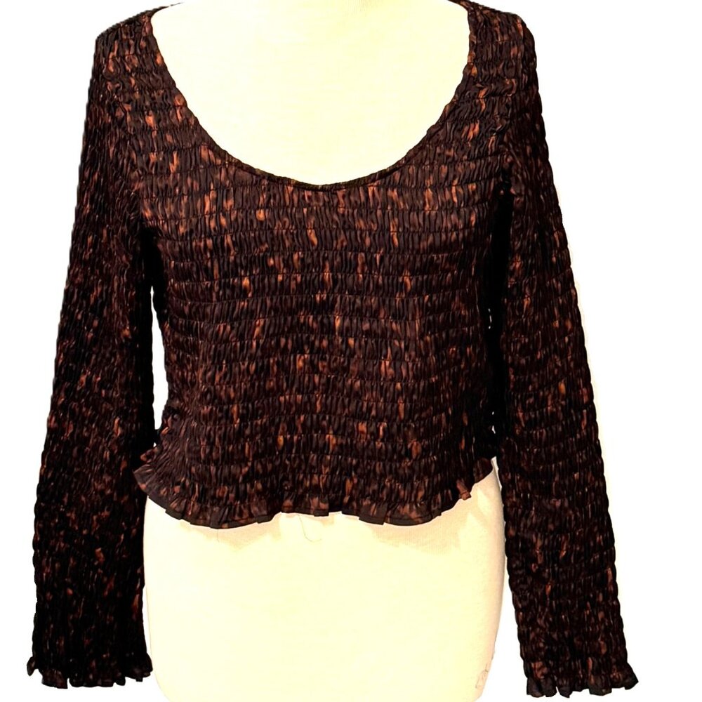 Open Edit XL Women's Top Shirt Blouse Black Brown Stretchy Scoop Neck